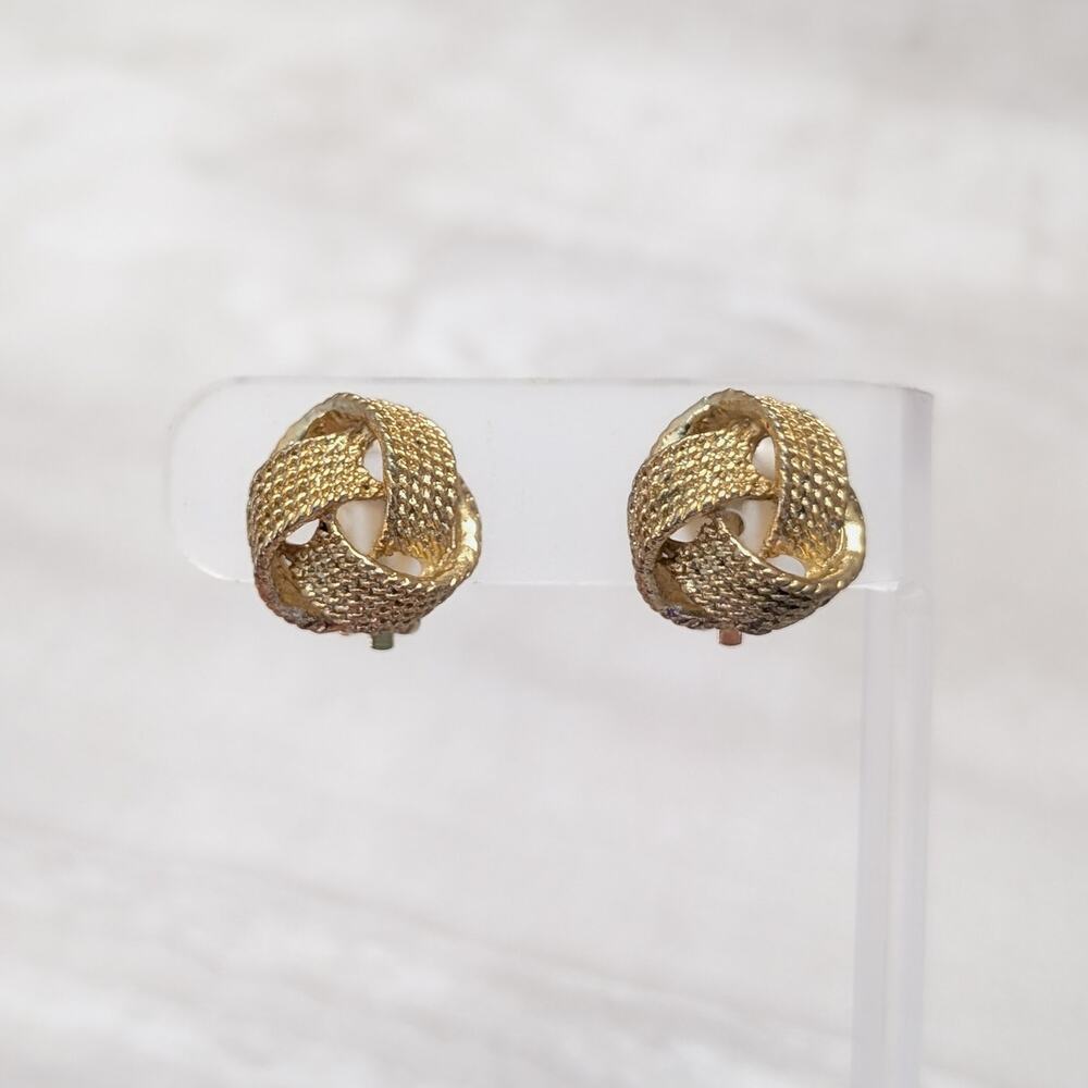 Vintage Clip On Earrings Gold Tone Patterned Knot Design - Fair Condition